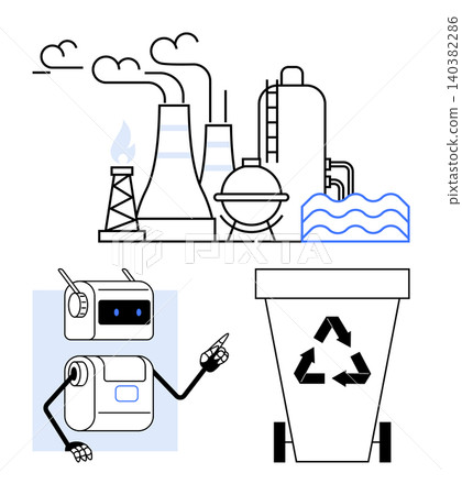 Environmental sustainability, renewable energy, automation, recycling systems, industrial innovation, eco-tech. Factory emitting smoke, robot pointing recycling bin. Environmental sustainability Environmental sustainability, renewable energy, automation, recycling systems, industrial innovation, eco-tech. Factory emitting smoke, robot pointing recycling bin. Environmental sustainability 140382286