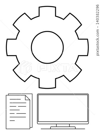 Workflow management, technology tools, process automation, data organization, office setups, productivity. Gear, monitor and papers. Workflow management and technology concepts Workflow management, technology tools, process automation, data organization, office setups, productivity. Gear, monitor and papers. Workflow management and technology concepts 140382296