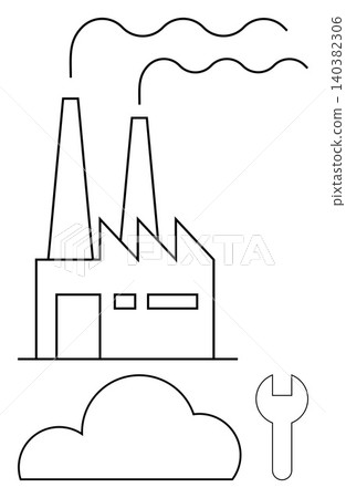 Industry, manufacturing, production, maintenance, environment, industrial tools. Factory chimneys releasing smoke, cloud below and wrench symbol. Industry and manufacturing highlighted Industry, manufacturing, production, maintenance, environment, industrial tools. Factory chimneys releasing smoke, cloud below and wrench symbol. Industry and manufacturing highlighted 140382306