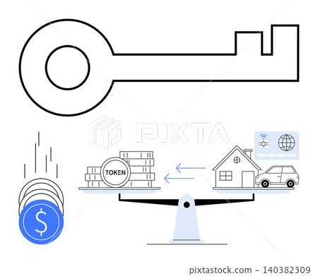 Blockchain technology, asset tokenization, digital payments, real estate, financial security, cryptocurrency. Key, digital tokens house car and scale signifying financial balance. Blockchain Blockchain technology, asset tokenization, digital payments, real estate, financial security, cryptocurrency. Key, digital tokens house car and scale signifying financial balance. Blockchain 140382309