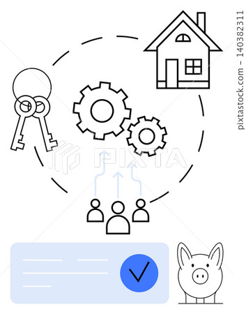 Real estate, home ownership, savings, financial planning, investment, teamwork. Minimalist visuals of keys, house gears piggy bank and checklist. Real estate and savings concept Real estate, home ownership, savings, financial planning, investment, teamwork. Minimalist visuals of keys, house gears piggy bank and checklist. Real estate and savings concept 140382311