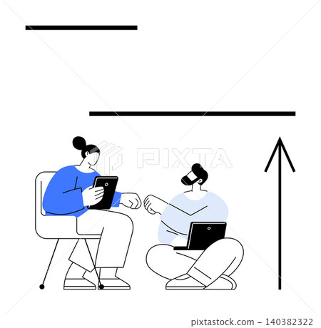 Teamwork, remote work, communication, technology, collaboration, brainstorming. Two people interacting with digital devices and sharing ideas. Teamwork and remote work illustrated with modern design Teamwork, remote work, communication, technology, collaboration, brainstorming. Two people interacting with digital devices and sharing ideas. Teamwork and remote work illustrated with modern design 140382322