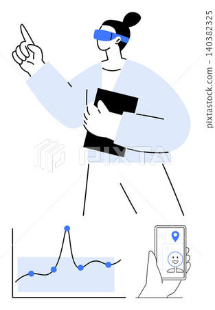 Augmented reality, data analytics, navigation, technology, user interaction, innovation. Woman wearing AR glasses holding a notebook, graphical chart and mobile navigation. Augmented reality Augmented reality, data analytics, navigation, technology, user interaction, innovation. Woman wearing AR glasses holding a notebook, graphical chart and mobile navigation. Augmented reality 140382325