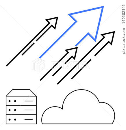 Cloud computing, data storage, business growth, technology advancement, scalability, innovation. Server, cloud and arrows pointing upward. Cloud computing and business growth concept 140382343