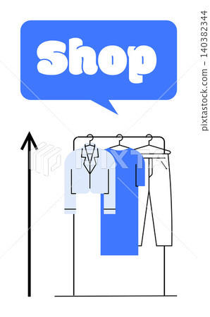 Online shopping, retail business, fashion sales, e-commerce, digital marketing, clothing trends. Clothing rack with garments and upward arrow under a blue shop bubble. Online shopping and retail 140382344