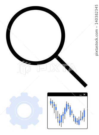 Data analysis, financial trends, technology research, optimization, business insights, software solutions. Black magnifying glass with a gear icon and a financial price chart. Data analysis 140382345