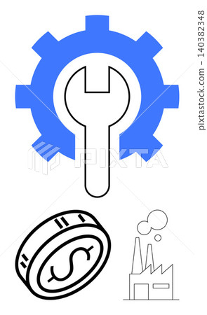 Industrial design, financial growth, manufacturing systems, productivity, economic value, business strategy. A gear with a wrench, coin and factory symbols. Industrial design and financial growth 140382348