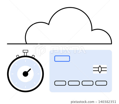 Cloud storage, online shopping, digital payments, fintech solutions, time management, transaction efficiency. Stopwatch, cloud icon and payment card. Cloud storage and online shopping concept Cloud storage, online shopping, digital payments, fintech solutions, time management, transaction efficiency. Stopwatch, cloud icon and payment card. Cloud storage and online shopping concept 140382351