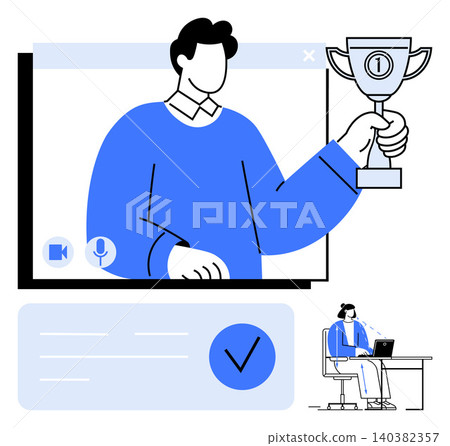 Virtual success, digital accolades, online achievement, remote work, online communication, team motivation. A person holding a trophy in a video call interface. Virtual success and online achievement Virtual success, digital accolades, online achievement, remote work, online communication, team motivation. A person holding a trophy in a video call interface. Virtual success and online achievement 140382357