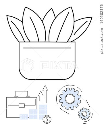 Business growth, sustainable finance, eco-friendly solutions, process optimization, financial success, strategy. Potted plants, briefcase gears and financial elements. Sustainable finance Business growth, sustainable finance, eco-friendly solutions, process optimization, financial success, strategy. Potted plants, briefcase gears and financial elements. Sustainable finance 140382376