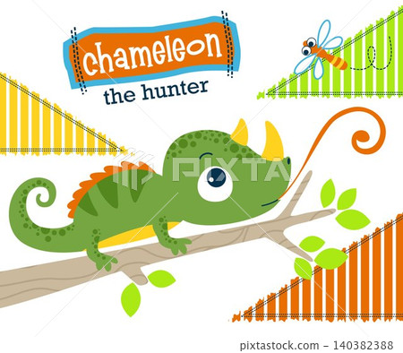Chameleon cartoon hunting a dragonfly Chameleon cartoon hunting a dragonfly 140382388