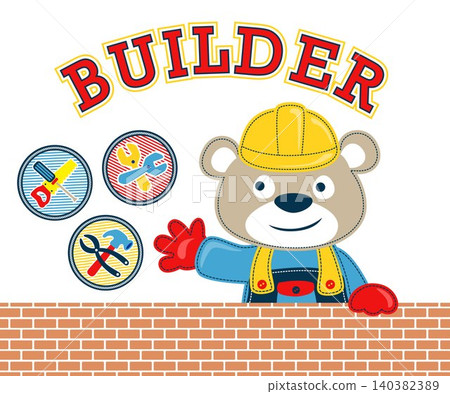 Funny bear cartoon in builder costume with tools. Vector cartoon illustration Funny bear cartoon in builder costume with tools. Vector cartoon illustration 140382389