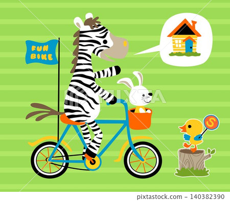 Vector cartoon of zebra with bunny on bicycle little duck holding traffic sign on tree stump 140382390