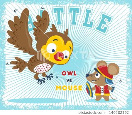 Vector illustration of mouse cartoon in knight costume holding sword and shield fight with giant owl 140382392