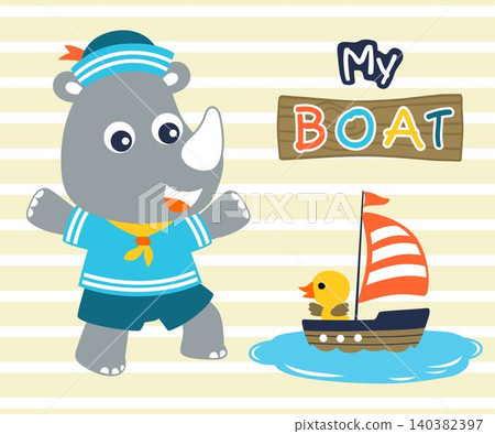 Little rhino cartoon in sailor costume with duck on sailboat toy Little rhino cartoon in sailor costume with duck on sailboat toy 140382397