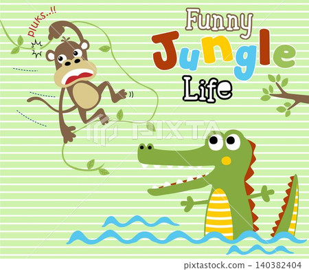 Vector illustration of crocodile on water, monkey hang on broken vines Vector illustration of crocodile on water, monkey hang on broken vines 140382404