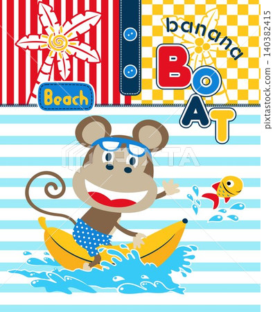 Funny monkey cartoon riding banana with fish in the beach Funny monkey cartoon riding banana with fish in the beach 140382415