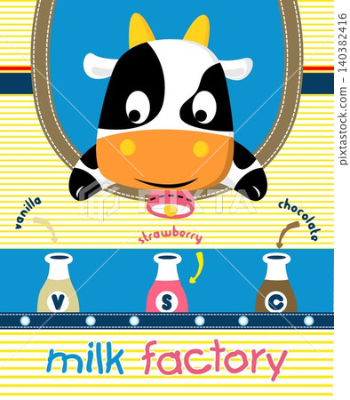 Cow cartoon with milk bottles on striped background Cow cartoon with milk bottles on striped background 140382416