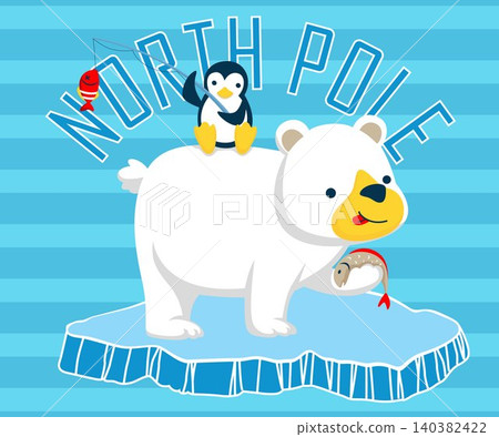 Cartoon of penguin sitting on polar bears back, animals fishing on ice chunk Cartoon of penguin sitting on polar bears back, animals fishing on ice chunk 140382422