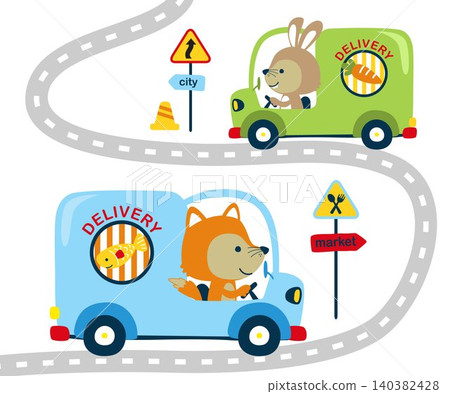Cute rabbit and fox driving delivery car on street, traffic elements cartoon Cute rabbit and fox driving delivery car on street, traffic elements cartoon 140382428