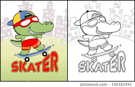 Coloring book of crocodile playing skateboard on buildings background Coloring book of crocodile playing skateboard on buildings background 140382441