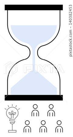 Time management, teamwork, project planning, idea generation, deadline execution, productivity. An hourglass above a light bulb and team icons. Time management and teamwork concept Time management, teamwork, project planning, idea generation, deadline execution, productivity. An hourglass above a light bulb and team icons. Time management and teamwork concept 140382453