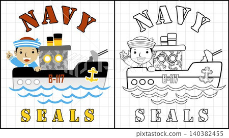 Coloring book of little sailor cartoon on warship 140382455