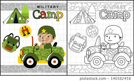 Coloring book of soldier cartoon on military vehicle, military element illustration 140382458