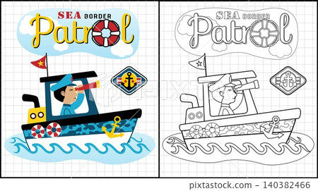 Coloring book of soldier holding binocular on a patrol boat Coloring book of soldier holding binocular on a patrol boat 140382466