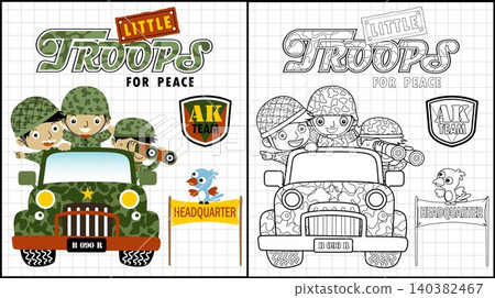 Coloring book of funny soldiers on truck, bird perch on banner Coloring book of funny soldiers on truck, bird perch on banner 140382467