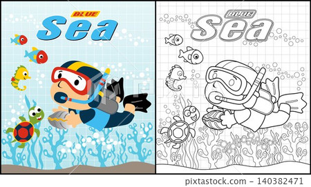 Coloring book of diver holding shellfish with marine animals 140382471