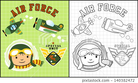 Coloring book of little pilot with military planes 140382472