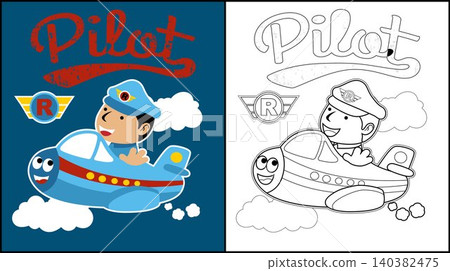Coloring book of little pilot cartoon driving funny plane Coloring book of little pilot cartoon driving funny plane 140382475