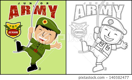 Coloring book of funny soldier cartoon hang on chains Coloring book of funny soldier cartoon hang on chains 140382477