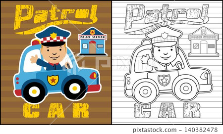 Coloring book of smiling police driving patrol car with police station Coloring book of smiling police driving patrol car with police station 140382478