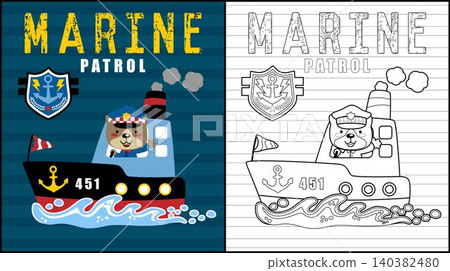 Coloring book of funny cat in captain uniform on a boat Coloring book of funny cat in captain uniform on a boat 140382480
