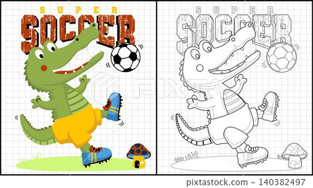 Coloring book of funny dinosaur cartoon playing soccer Coloring book of funny dinosaur cartoon playing soccer 140382497