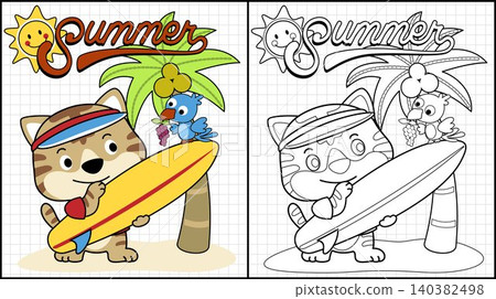Coloring book of cute cat cartoon with surfboard, little bird carrying grape perch on surfboard, summer element illustrations 140382498