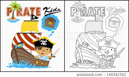 Coloring book of a boy in pirate costume while holding sword with parrot on sailboat Coloring book of a boy in pirate costume while holding sword with parrot on sailboat 140382502