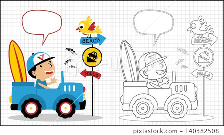 Coloring book of little boy cartoon driving car with a bird perch on traffic sign 140382508
