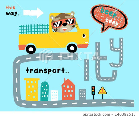 Vector illustration of funny cat cartoon on truck in road shaped CITY words, buildings and traffic signs 140382515