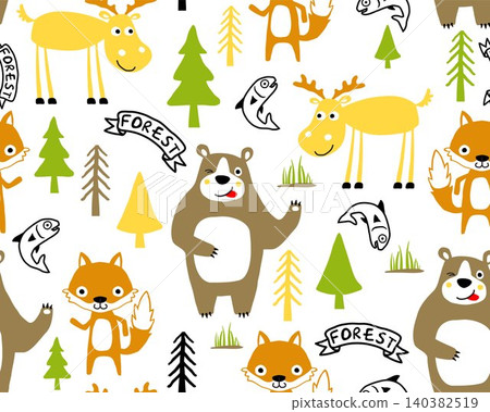 Vector seamless pattern of hand drawn funny animals cartoon, forest elements illustration 140382519