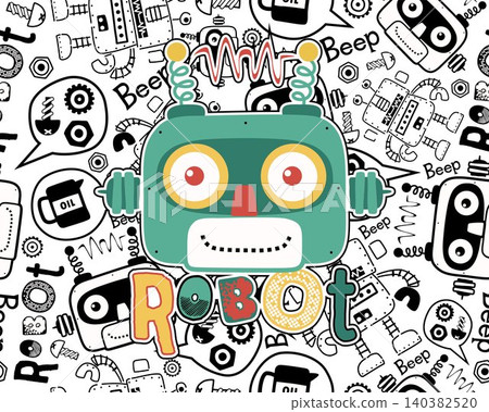 Vector of funny robot head cartoon on seamless pattern robots elements background 140382520