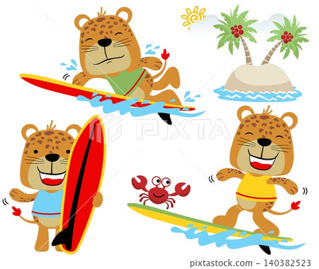 Vector set of funny tigers cartoon surfing in the beach 140382523