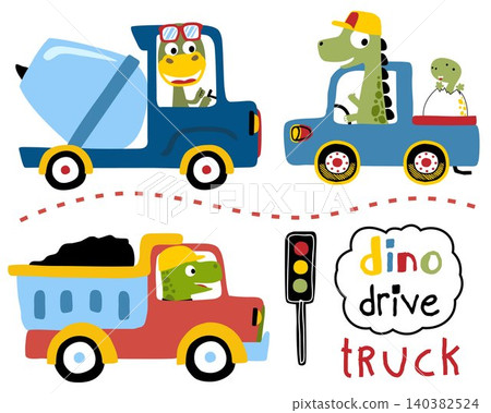 Vector set of dinosaurs cartoon driving trucks Vector set of dinosaurs cartoon driving trucks 140382524