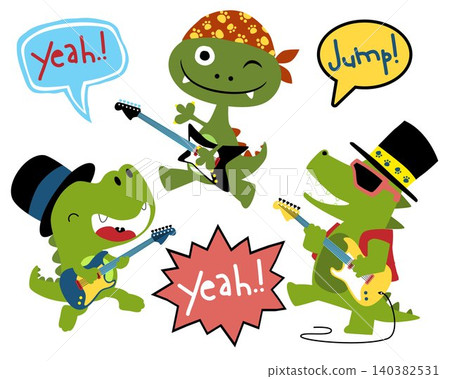 Vector set of funny monster cartoon in rocker costume playing electric guitar Vector set of funny monster cartoon in rocker costume playing electric guitar 140382531
