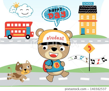 Vector cartoon of funny bear with cat going to school, back to school theme cartoon Vector cartoon of funny bear with cat going to school, back to school theme cartoon 140382537