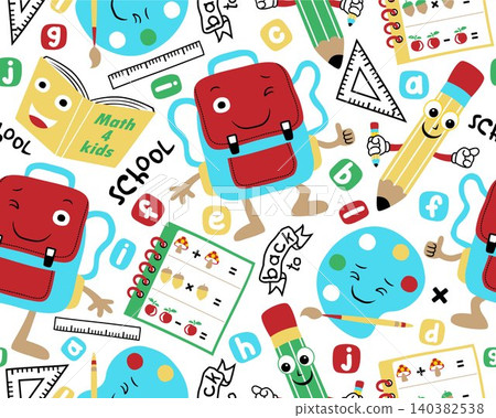 Seamless pattern vector of funny school supplies cartoon, students supplies element illustration Seamless pattern vector of funny school supplies cartoon, students supplies element illustration 140382538