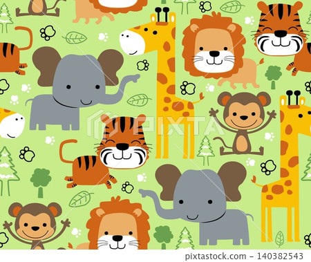Seamless pattern vector of cute animals cartoon, forest elements illustration 140382543