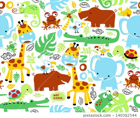 Seamless pattern vector of funny colorful animals cartoon, jungle elements illustration 140382544